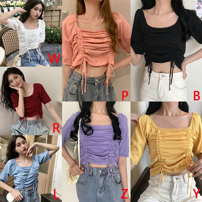 Áo Croptop Dệt Kim Tay Ngắn Phối Dây Rút Phong Cách Hàn Quốc