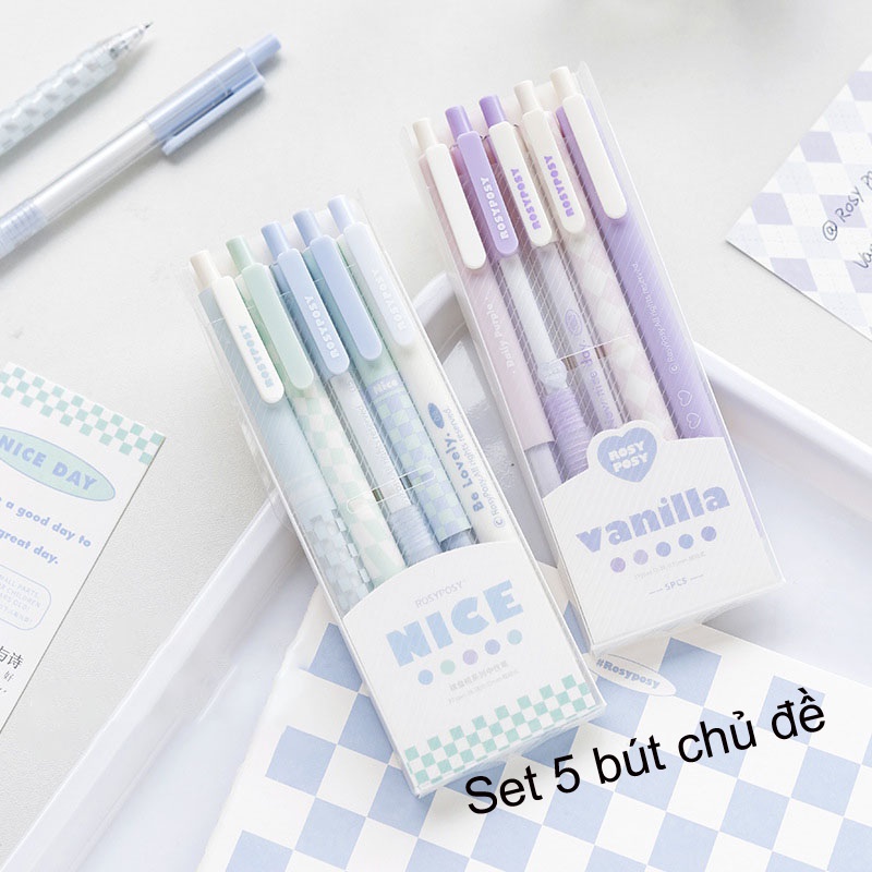 Bộ 5 bút gel đi nét viết vở học sinh ghi chú note giấy xinh yêu tông màu pastel - A77