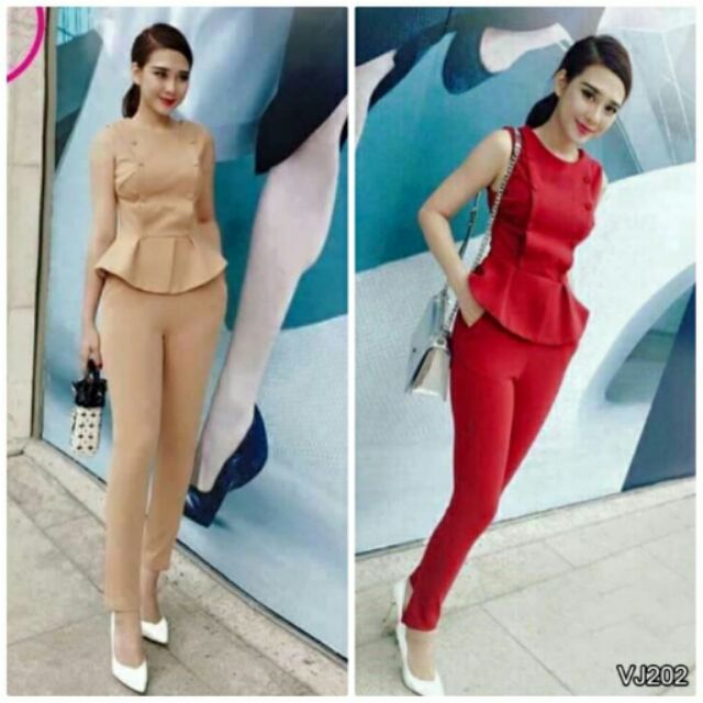 Set nguyên bộ áo peplum đính nút quần dài