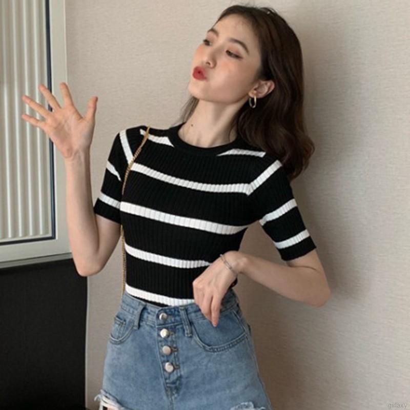 Áo Thun Ngắn Tay Cổ Tròn Sọc Ngang Thời Trang Dành Cho Nữ