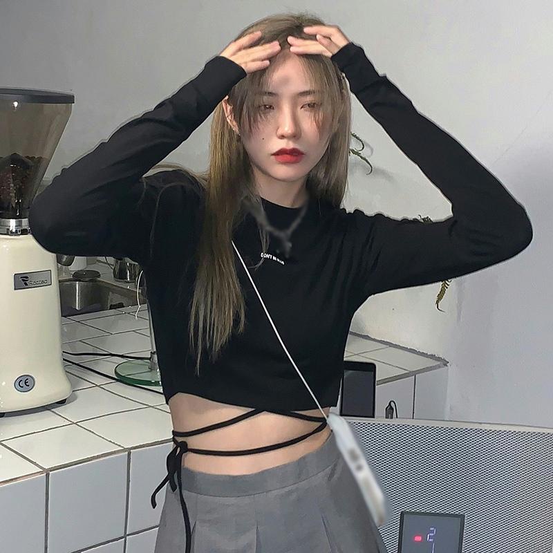 Áo thun croptop tay dài cổ tròn màu sắc đơn giản phong cách Hàn Quốc cho nữ