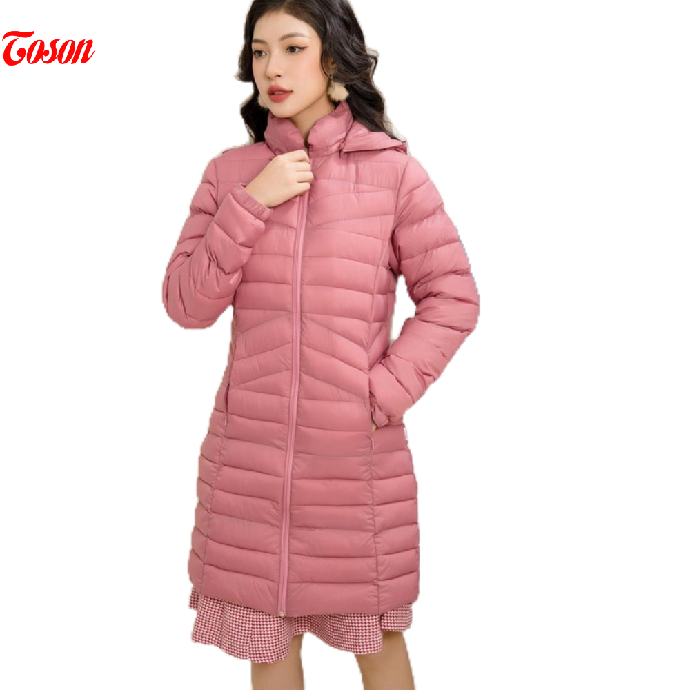 Áo khoác phao Hồng pastel trần bông to - nhỏ,dáng dài có mũ Toson APD66P32