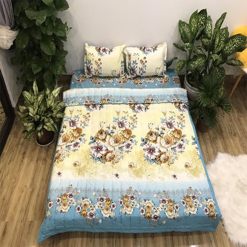 Bộ Chăn Ga Vỏ Gối 5 MÓn ( 1 Drap + 2 Vỏ Gối Nằm + 1 Chăn Hè + 1 Vỏ Gối Ôm ) Xanh Họa Tiết Hoa siêu đẹp | BigBuy360 - bigbuy360.vn