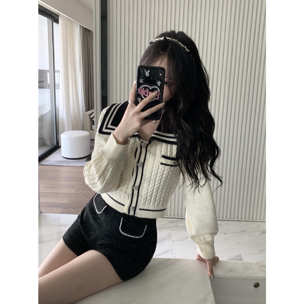 Áo khoác cardigan DIDIKA dệt kim phối màu tương phản phong cách chanel Hàn Quốc 2022 cho nữ