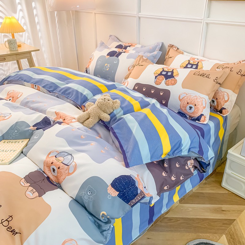 Bộ vỏ chăn ga gối cotton poly - Mẫu little bear ga kẻ.