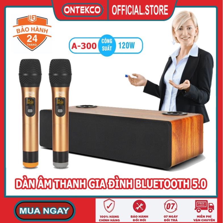 Bộ loa vỏ gỗ hát karaoke gia đình không dây Ontekco A300 kèm micro kim loại- Siêu cao cấp