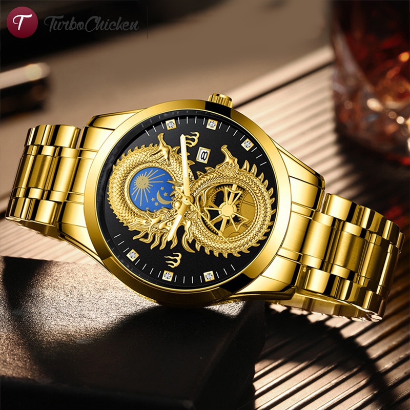 #đồng hồ đeo tay mạ vàng chống thấm nước hình rồng phượng sang trọng cho nam