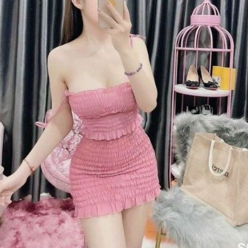 Set bộ áo 2 dây nhún kèm chân váy nhún ôm body siêu tôn dáng