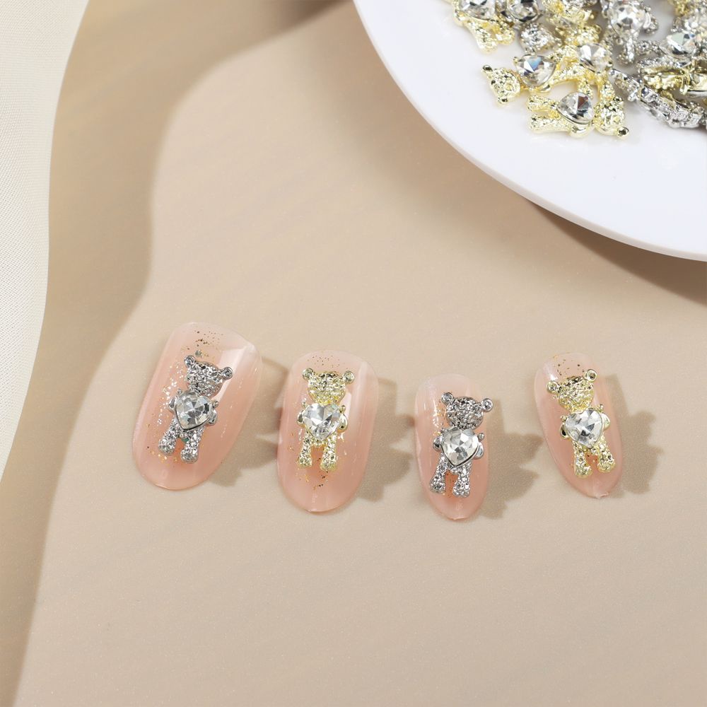 [Hàng mới về] Phụ kiện trang trí móng tay hình gấu 3D màu vàng/ bạc lấp lánh