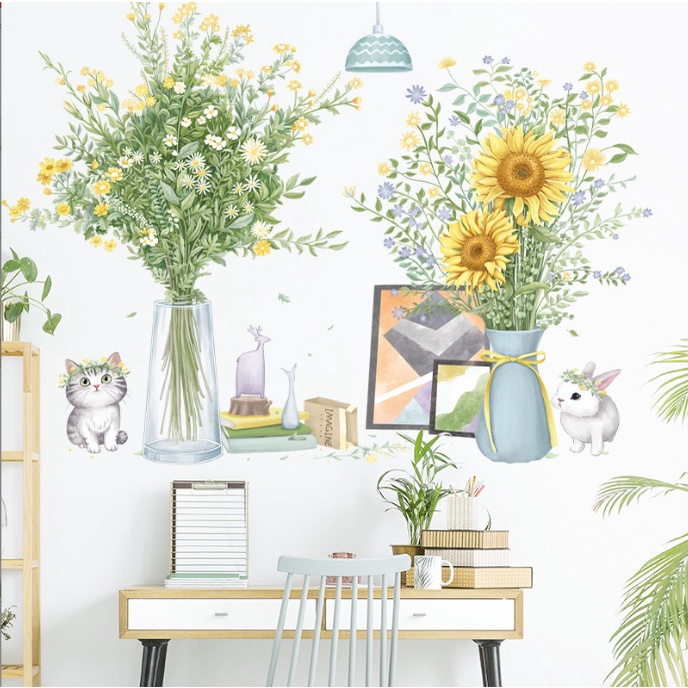 Decal trang trí tường - Chú mèo con nhỏ và chú thỏ đứng cạnh 2 bình hoa