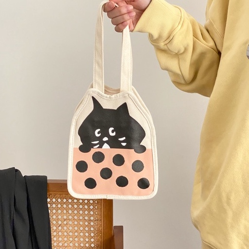 Túi Xách Tay Bằng Vải Canvas In Hình Mèo Con Dễ Thương Dành Cho Nữ