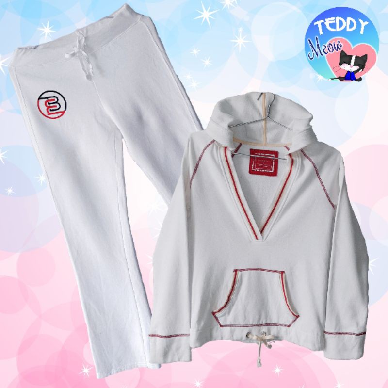 Bộ áo thun nỉ hoodie thể thao Unisex tay dài có nón và túi, kèm quần dài thun nỉ màu trắng viền đỏ, chất dày dặn, đẹp