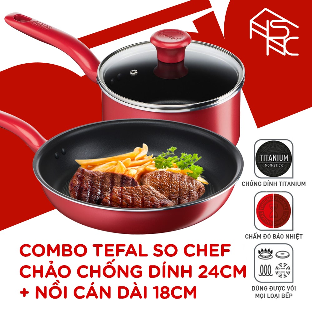 Combo Chảo Chiên Chống dính 24cm - Nồi cán dài 18cm - So chef thương hiệu Tefal