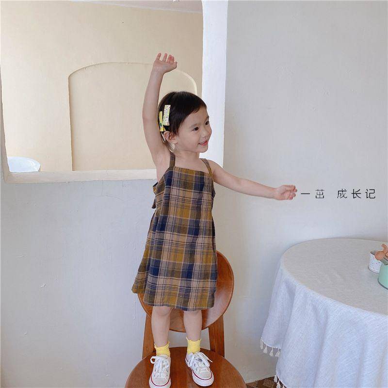 Áo đầm hai dây vải cotton và lanh họa tiết kẻ ô cổ điển phong cách Hàn Quốc dành cho bé gái