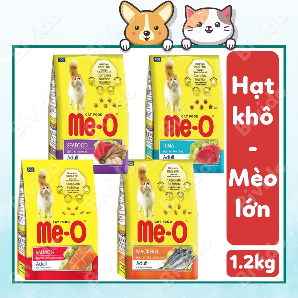 Thức ăn mèo lớn Me-O vị cá ngừ, cá thu, hải sản, cá hồi túi 1.2kg - Bivido