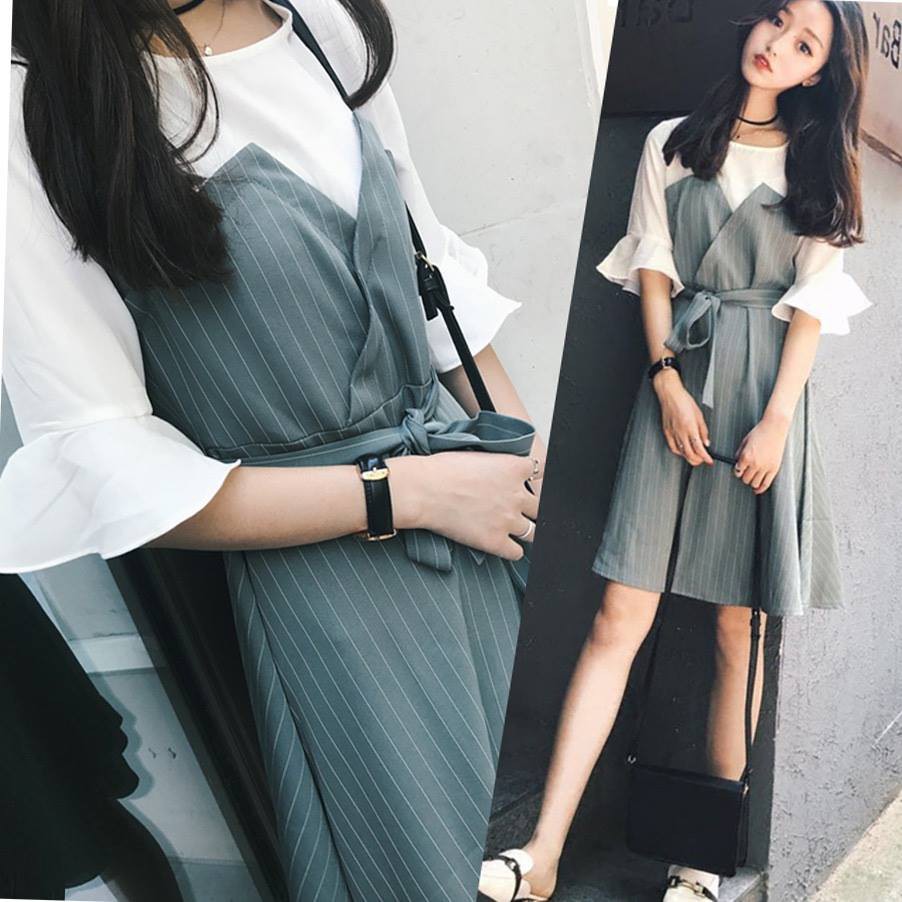 VÁY LIỀN ÁO TRẺ TRUNG CAO CẤP NĂNG ĐỘNG DUYÊN DÁNG NỮ CÔNG SỞ TRẮNG PHỐI XANH CÓ TAY