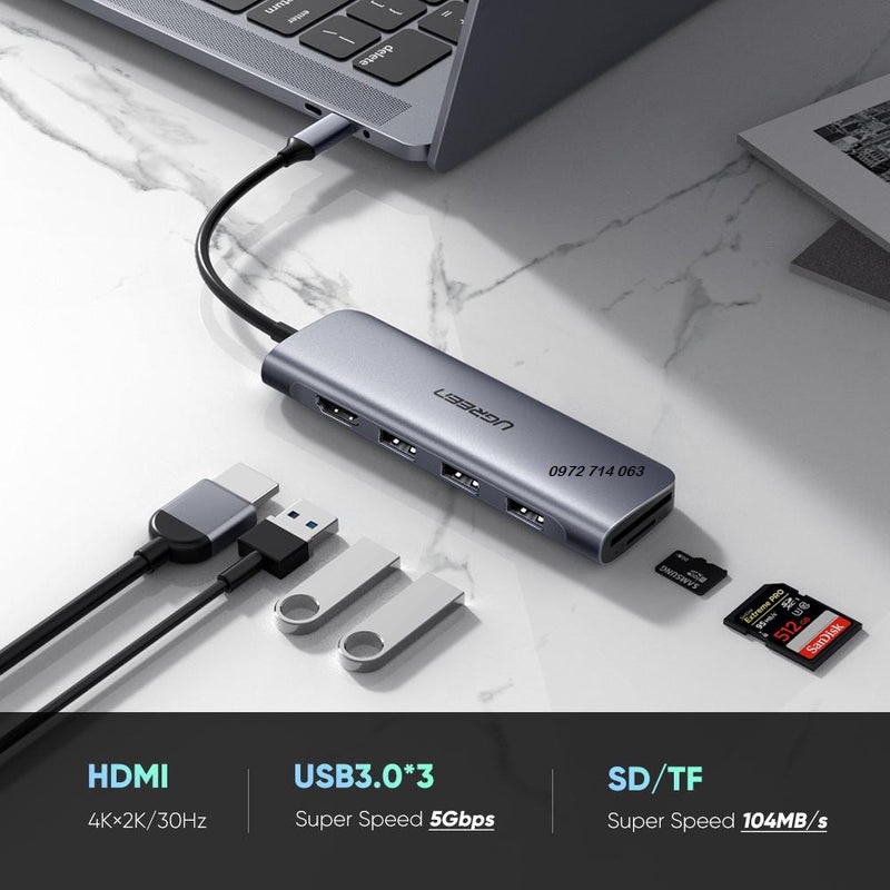 Thiết bị mở rộng Ugreen USB type-C to HDMI 4K30HZ / 3 cổng USB 3.0/SD/TF chính hãng 70410