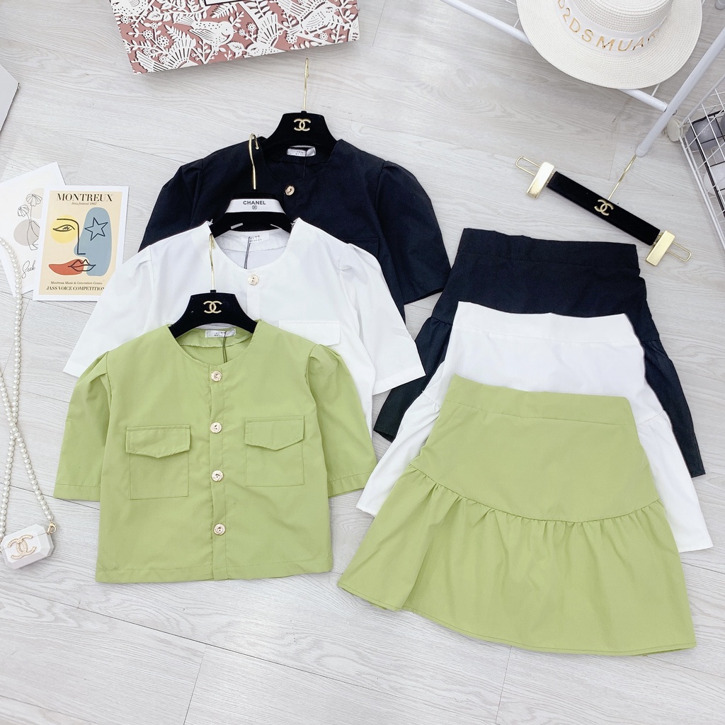 Set chân váy croptop sơ mi nắp túi mix chân váy ngắn xòe NN523