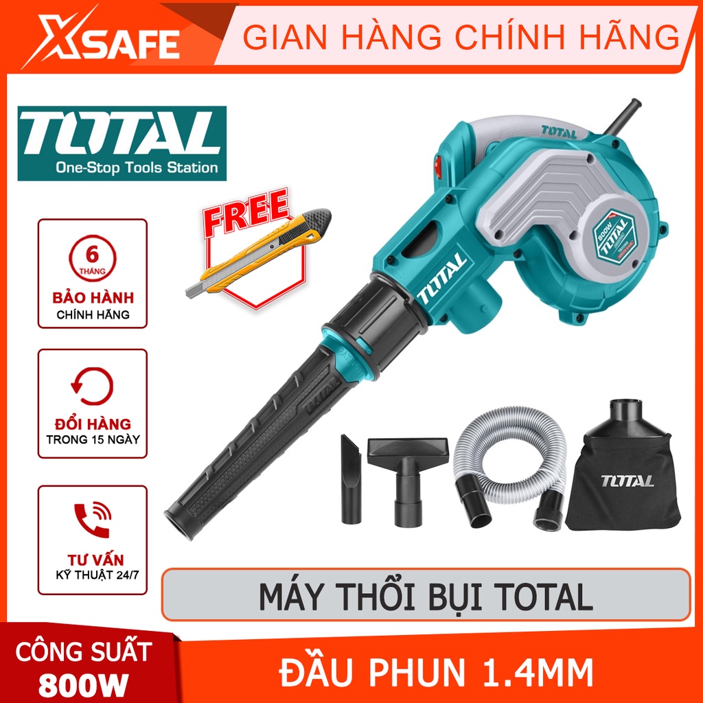 Máy thổi bụi TOTAL TB2086 Máy thổi công suất 800W, tốc độ không tải 0-15000rpm, kèm 1 túi chứa bụi, 1 ống và 2 vòi hút