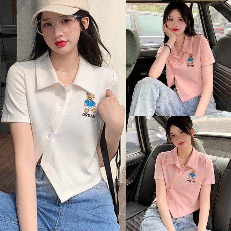 Áo thun lửng dáng ôm thêu hình gấu phong cách gợi cảm cho nữ