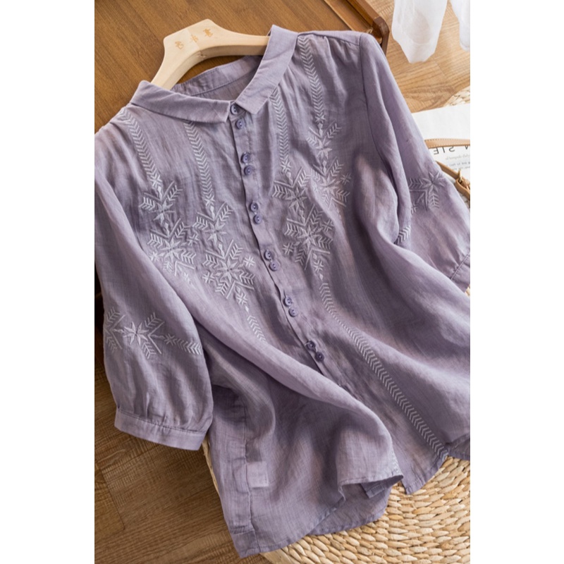 Ice embroidered blouse cotton linen short-sleeved thin shirt Japanese ramie pick up ~ big brand cut label