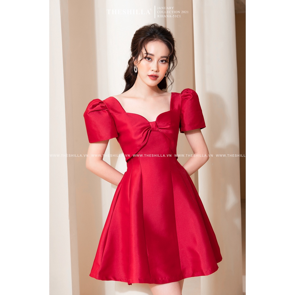 Váy thiết kế cao cấp màu đỏ phối nơ trước ngực tay phồng [ Có video + Ảnh thật ] The Shilla - Rihana-51C1