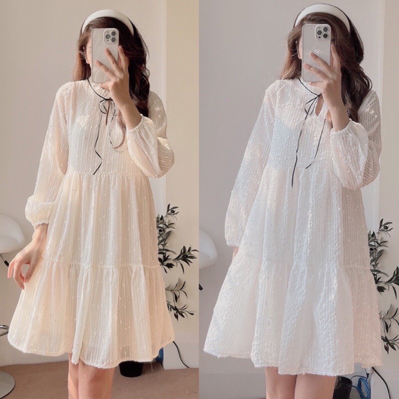 [Quà tặng là chun tóc nữ tính nhiều màu dai dẻo đàn hồi] Váy đầm babydoll hạt bông nơ cổ Lucy Outfit thiết kế | BigBuy360 - bigbuy360.vn
