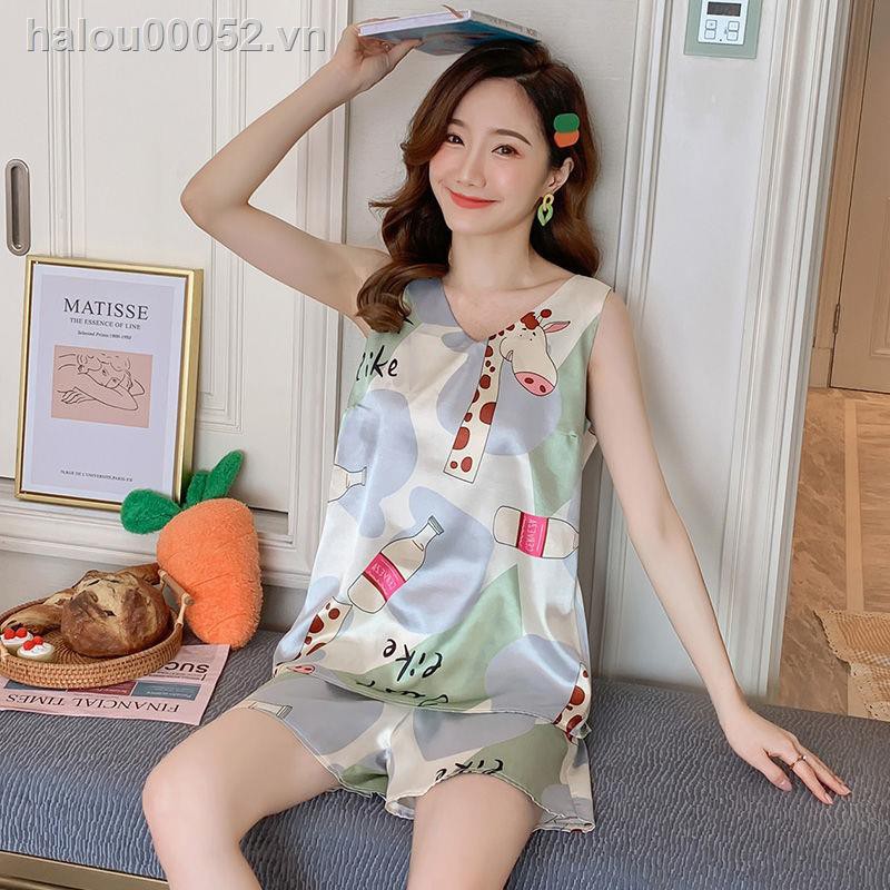 ☏✿Ready stock✿  Fat mm pajamas female summer ice silk vest shorts two-piece summer loose large size sexy thin sleeveless suit