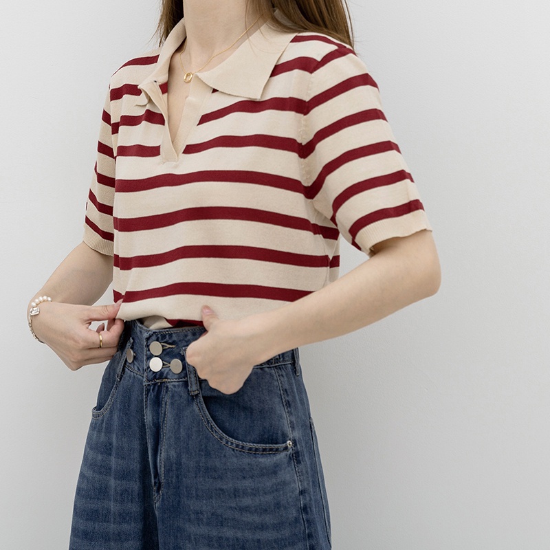 Áo polo IELGY dệt kim tay ngắn cổ bẻ họa tiết kẻ sọc cho nữ