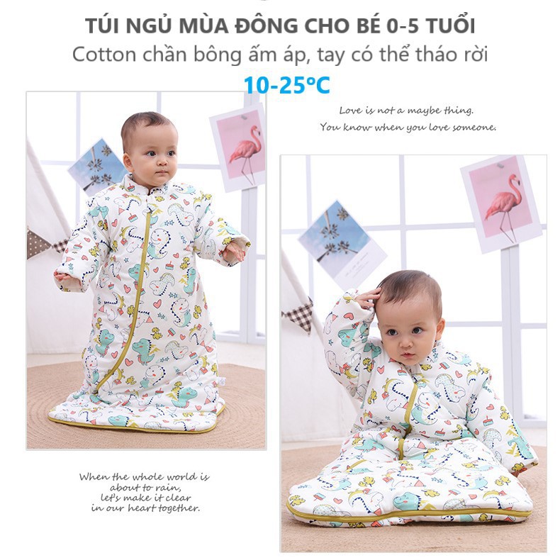 Túi Ngủ Mùa Đông Cho Bé từ 0 đến 5 tuổi cotton mềm mịn, chần bông ấm áp, tay có thể tháo rời