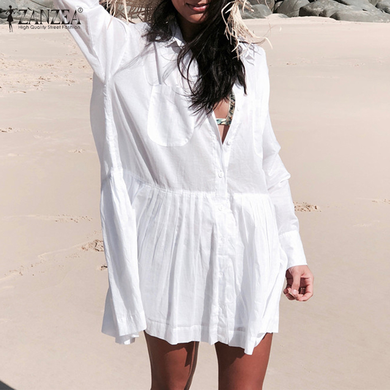 Zanzea Đầm Tay Dài Cổ Bẻ Có Túi Màu Trơn Thời Trang Cho Nữ | BigBuy360 - bigbuy360.vn