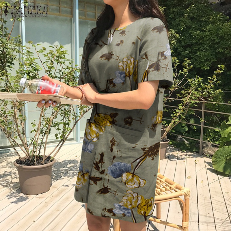 Đầm tay ngắn ZANZEA cổ tròn phong cách vintage dành cho nữ