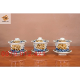 Bát Sâm Bát Tràng men rạn đắp nổi Hoa Sen