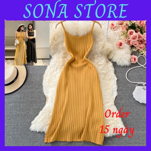 Váy 2 dây len gân dệt kim dáng dài đầm nữ sexy chất đẹp dày mềm mịn sang chảnh tiểu thư bánh bèo hàng quảng châu cao cấp