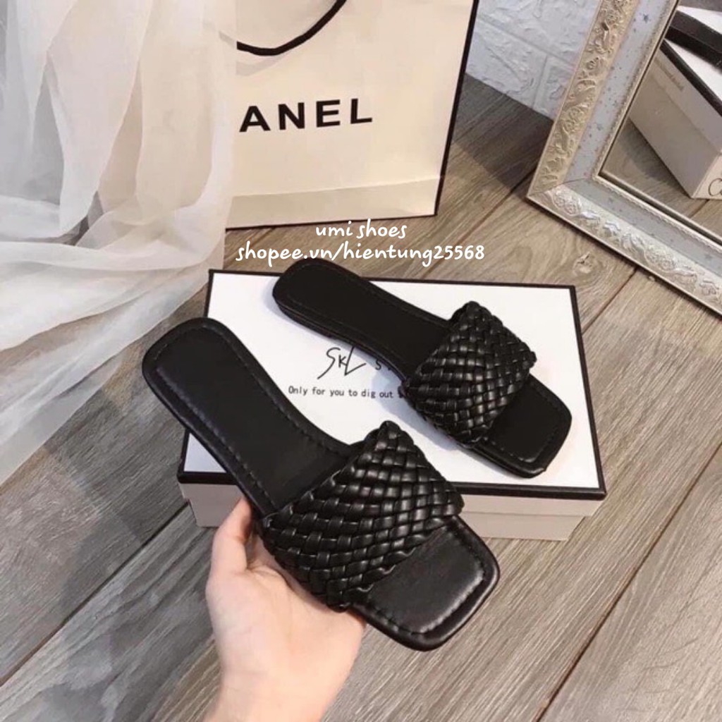 [TRẦN CHỈ ĐẸP] Dép lê nữ quai ngang đan bện CRAFT mũi vuông đế bệt đi biển mùa hè màu đen/xanh/vàng đẹp hot trend 2020 | BigBuy360 - bigbuy360.vn