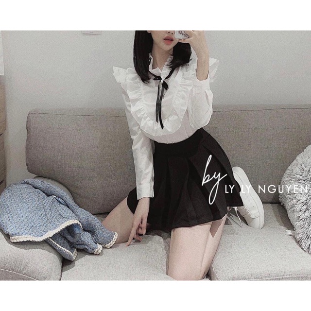 Áo sơ ni cổ tiểu thư bèo cánh tiên xinh lắm