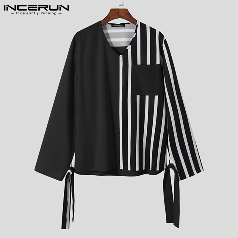 Áo sơ mi INCERUN tay dài cổ chữ v thời trang sành điệu cho nam