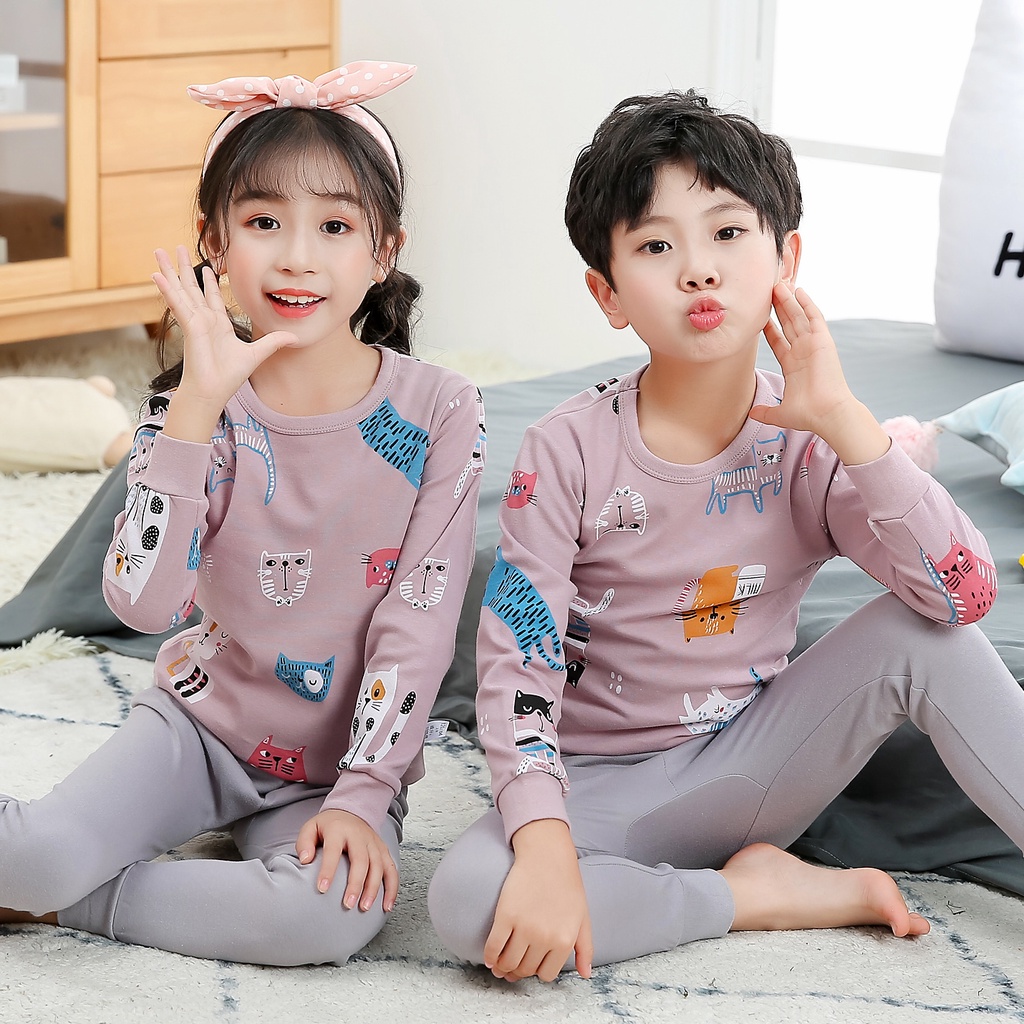 Bộ Đồ Ngủ Tay Dài 100% Cotton In Họa Tiết Hoạt Hình Dành Cho Trẻ Em 2-15 Tuổi