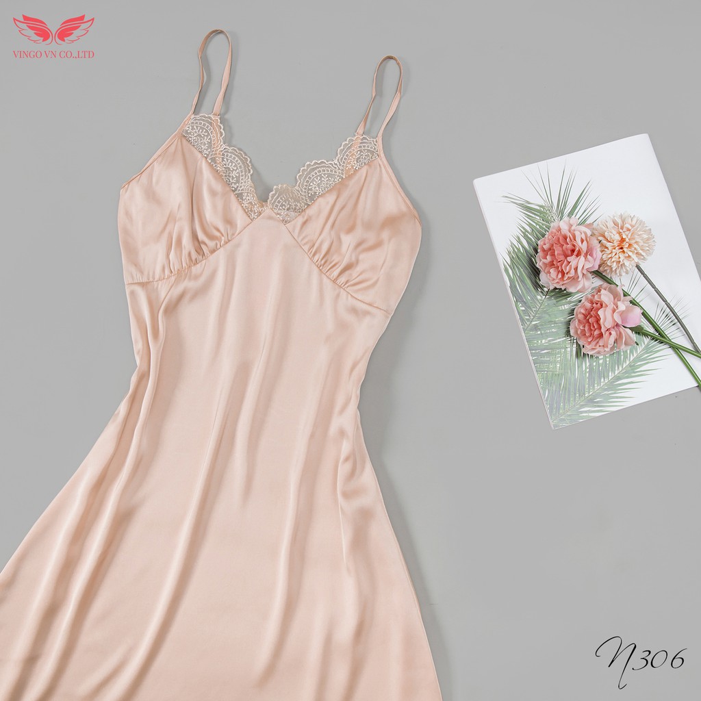 VINGO Váy Ngủ Hai Dây Nữ Lụa Pháp Trơn Cao Cấp Phối Ren Ngực Sexy Quyến Rũ N306 VNGO | BigBuy360 - bigbuy360.vn