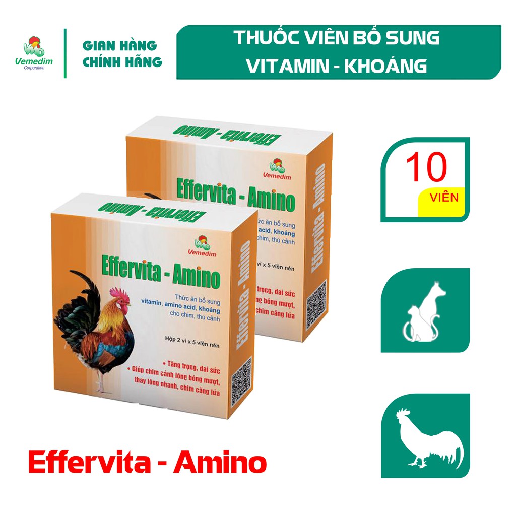 Vemedim Effervita-Amino  thuốc viên bổ sung vitamin, amino acid, khoáng cho chim cảnh, gà đá, chó mèo, hộp 10 viên