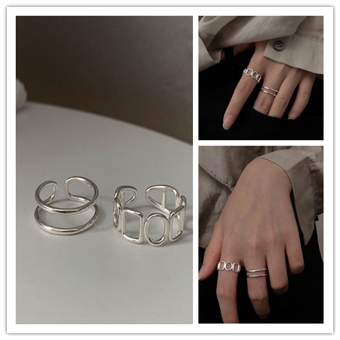 Set 2 Nhẫn Hở Hai Lớp Màu Bạc Tùy Chỉnh Phong Cách Hàn Quốc Cho Nam Và Nữ