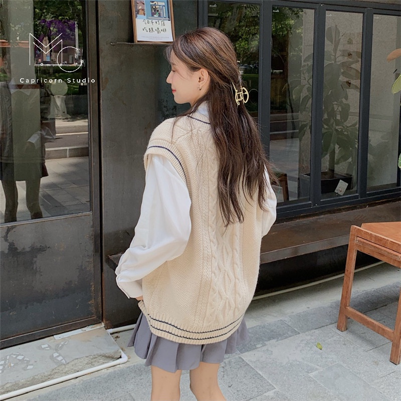 Áo gile dệt kim cổ chữ V hai màu ghi, màu be dễ phối đồ phong cách Hàn Quốc [MinC.Studio - MCAGL005] | BigBuy360 - bigbuy360.vn