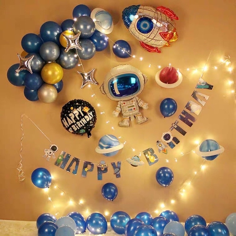 (Kèm đèn led) Set trang trí sinh nhật chủ đề phi hành gia cho bé