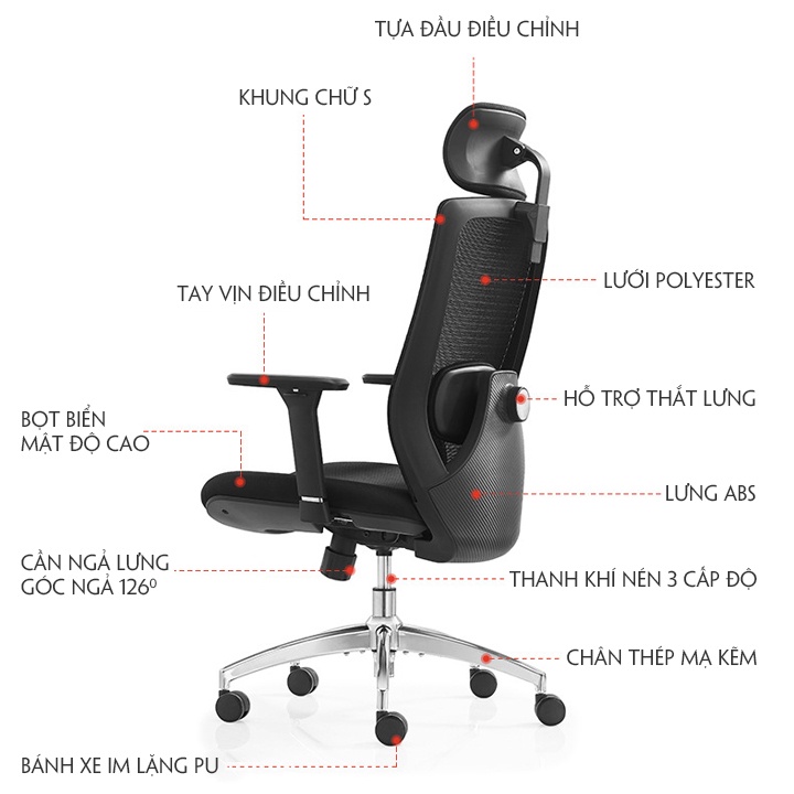 Ghế Xoay Văn Phòng Công Thái Học Ergonomic Cao Cấp Omega M085 Nệm Cao Su Có Tựa Đầu, Ghế Chơi Game Gaming