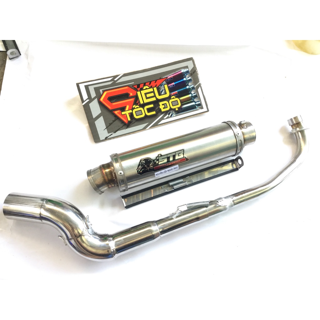 Bộ pô STB TRẮNG full cổ cong 2 khúc gắn cho nhiều loại xe