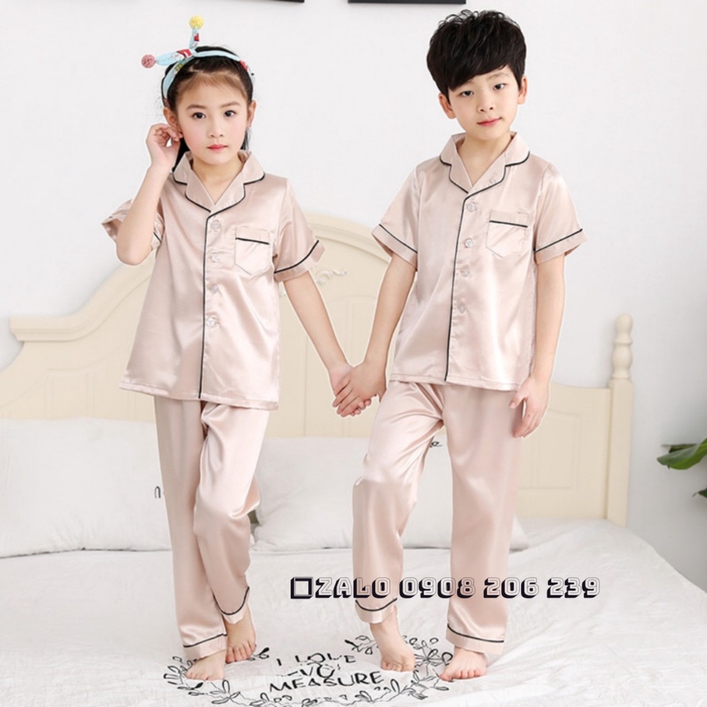 11-40kg Bộ pijama lụa phi bóng tay ngắn quần dài bé trai bé gái mặc đẹp cao cấp