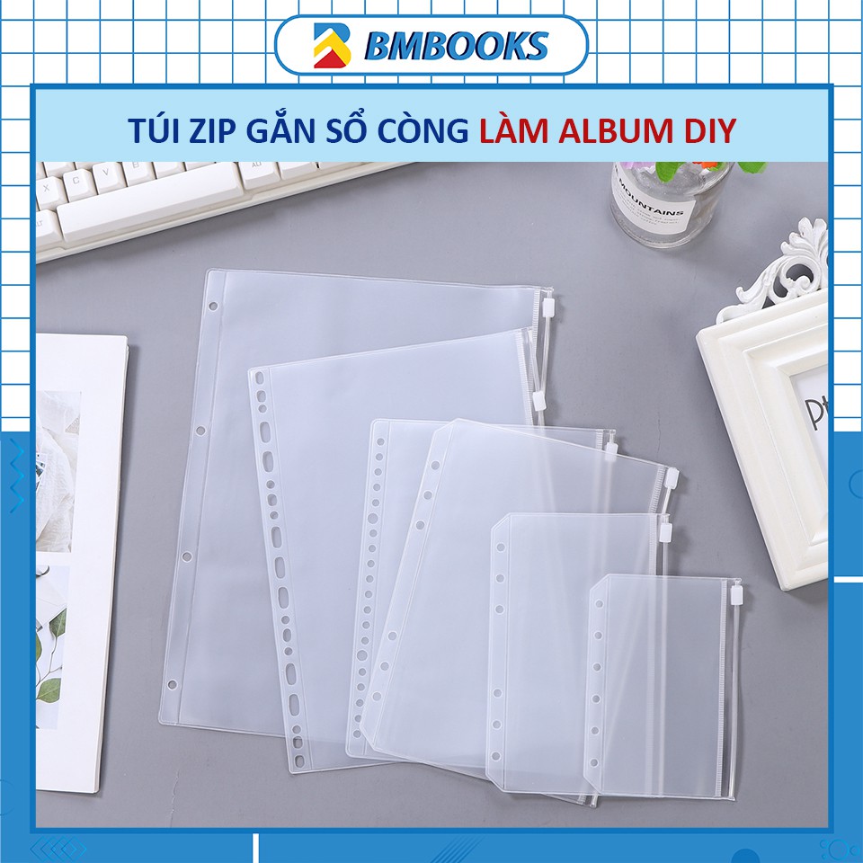 Túi zip trong suốt chống nước phụ kiện gắn sổ còng làm album DIY, trang trí Bullet journal, bảo vệ ảnh, card BMBooks