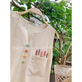 Đầm suông linen thêu tay đính cúc đủ màu