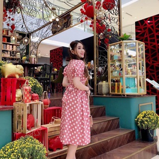 Đầm chấm bi xoè đen và hồng