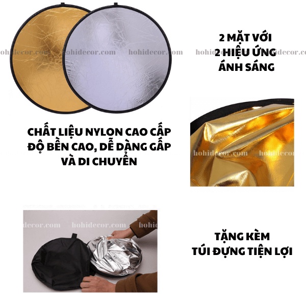 Tấm Phản Quang Chụp Ảnh Thời Trang, Miếng Hắt Sáng Chụp Hình Sản Phẩm 2 Trong 1, 60cm Gấp Gọn - HoHi Decor